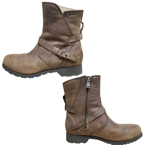 Teva Brown Leather De La Vina Ankle Boots Side Zip Strap Buckle Women's 6 - Picture 1 of 5